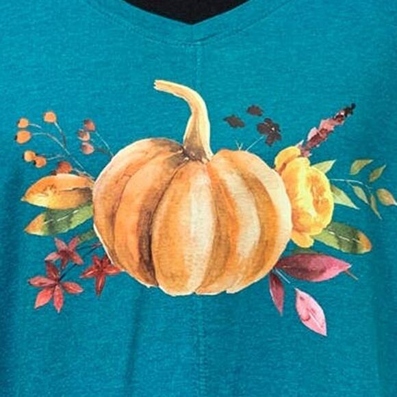 Hand Printed Upcycled 4X Pumpkin Autumn Flower Bouquet Long Sleeve V-Neck Tee - Picture 2 of 3